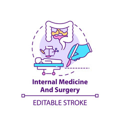 Internal medicine and surgery concept icon. Digestive system, organs health. Family doctor, surgeon aid idea thin line illustration. Vector isolated outline RGB color drawing. Editable stroke