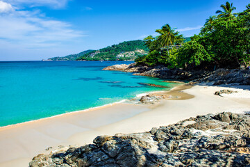 Scenic Seascape and Turquoise Andaman Sea at Patong Beach in Summer Covid-19, Phuket, Thailand