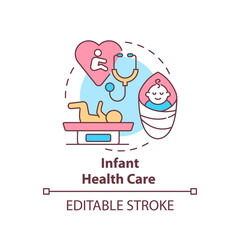 Infant health care concept icon. Medical support for newborn baby. Family doctor aid for children idea thin line illustration. Vector isolated outline RGB color drawing. Editable stroke