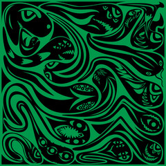 A set of black monster silhouettes on a green background, an illustration for wallpaper on the wall and other purposes.