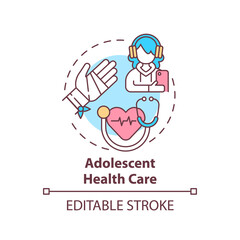 Adolescent health care concept icon. Professional medical support for teenage patient. Family doctor idea thin line illustration. Vector isolated outline RGB color drawing. Editable stroke