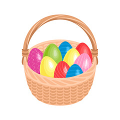 Vector Easter colored eggs in  basket. Icon. Cartoon flat illustration.