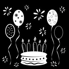 Birthday. Simple Black White Postcard. On a Black Background Balls, Cake, Salute and Candles. Holiday Or Birthday Attributes.