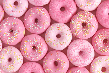 Pink glazed donuts with sprinkles. Sugar, sweets, snack, junk food concept. Top view.