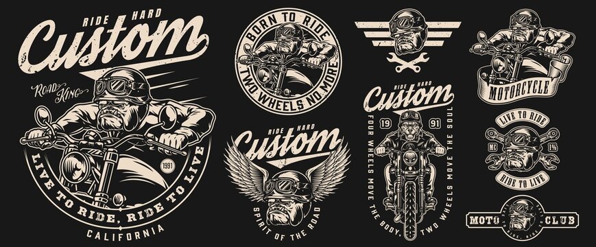 Vintage custom motorcycle emblems set