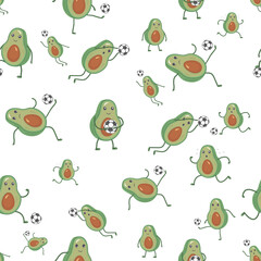 Seamless pattern with avocado on a white background. Green fruits play football with a ball, hit, catch, run, stand. Soccer. Vector illustration. Cute isolated kawaii character. Wallpaper
