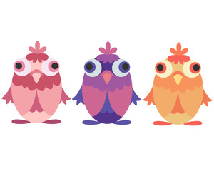 three cute birdies in the form of eggs with big eyes, easter