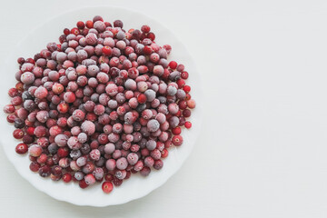Frozen fresh red cranberries in hoarfrost in white ceramic bowl, horizontal photo close-up on white background