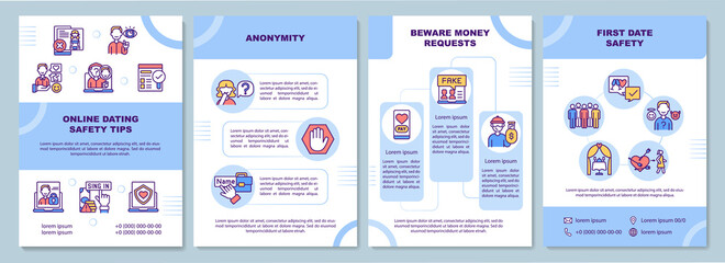 Online dating safety tips brochure template. Anonymity. Flyer, booklet, leaflet print, cover design with linear icons. Vector layouts for presentation, annual reports, advertisement pages