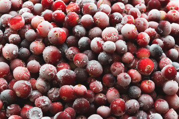 Frozen fresh red cranberries in hoarfrost, horizontal photo close up