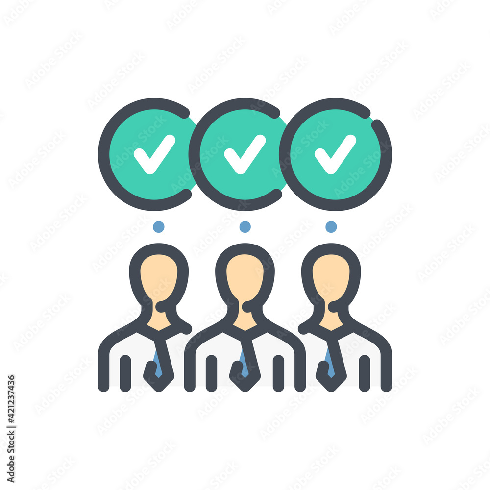 Poster group of people with check mark color line icon. employee approval and joint decision vector outline