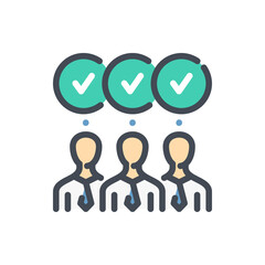 Group of people with check mark color line icon. Employee approval and Joint decision vector outline colorful sign.
