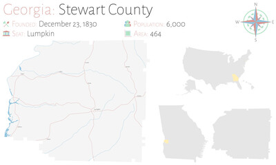 Large and detailed map of Stewart county in Georgia, USA.
