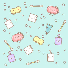 Cute pattern with soap, shower gel, perfume, sponge, ear sticks and towel. Pattern with hygiene products.