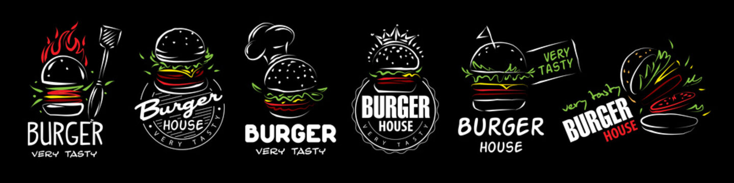 Hand drawn set of vector burger logos on black background