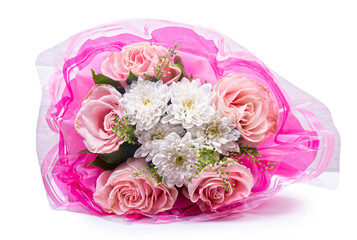 Pink bouquet of roses and other flowers isolated on white