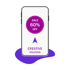 Banner with 60% discount. Smartphone mockup icon. Concept for online sales and special offers messages. Vector illustration.