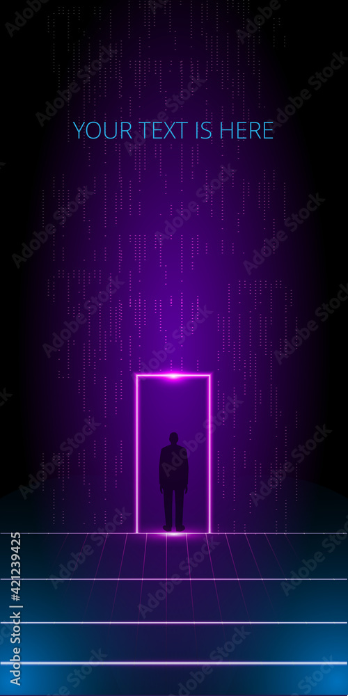 Poster a portal in virtual reality. vector abstract background in cyberpunk style. vertical banner template