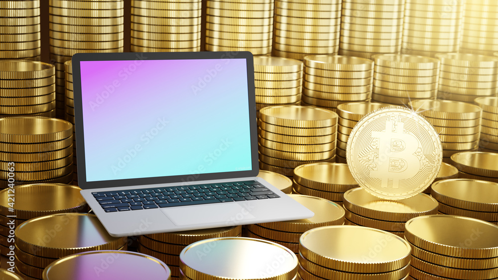Poster laptop computer with bitcoin coin place on the golden coins rows background. 3d rendering illustrati