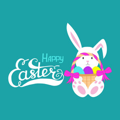 Happy Easter greeting card or banner with cute bunny holding a basket with colorful eggs. Cartoon Easter design template.