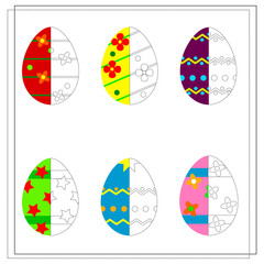 Coloring game for kids. Easter egg, color half of the egg according to the pattern. Vector isolated on white background
