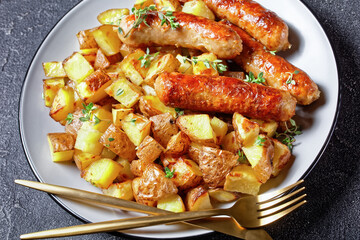 bangers and roasted potatoes on a plate