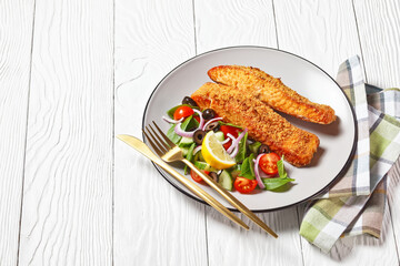 Panko crusted baked salmon fillets, veggies salad