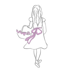 A little girl carry a flower backet. Cute girl walking foward with flowers in her hand. Back view. Illustration for greeting cards, wedding invitations.