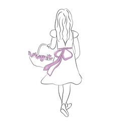 A little girl in a dress carry a flower backet. Cute girl walking foward with flowers in her hand. Back view. Illustration for greeting cards, wedding invitations. Vector.
