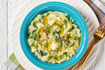 Irish colcannon on a bowl, top view, close-up