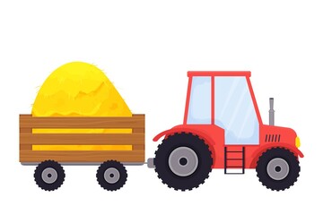 Red tractor with trailer full of hay, agriculture equipment in cartoon style isolated on white background. Country vehicle, harvest. 