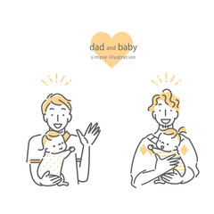 シンプルでかわいいお父さんと赤ちゃんのシーン別線画イラスト素材
