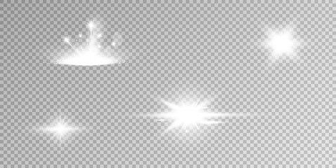 White glowing light explodes on a transparent background. Sparkling magical dust particles. Bright Star. Transparent shining sun, bright flash.