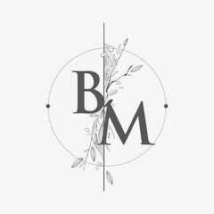 Letter BM Initial Logo with Hand Draw Floral, Initial Wedding Font Logo with Circle and Flowers.
