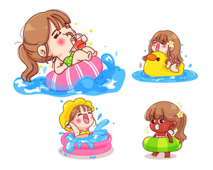 Set of cute girl relaxing on rubber ring in swimming pool cartoon illustration