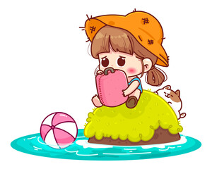 Cute girl sitting lonely hugging a suitcase on a deserted island cartoon illustration