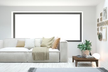 White living room with sofa. Scandinavian interior design. 3D illustration