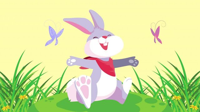 happy easter card with cute rabbit and butterflies in the camp