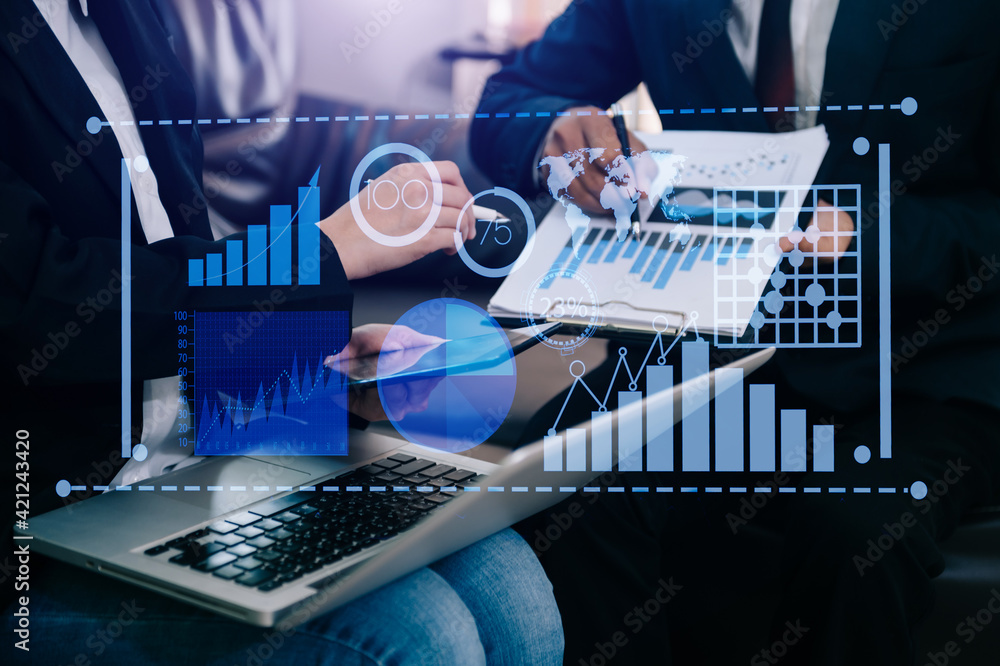 Poster data management system with business analytics concept.