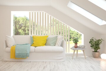 White living room with sofa and summer landscape in window. Scandinavian interior design. 3D illustration