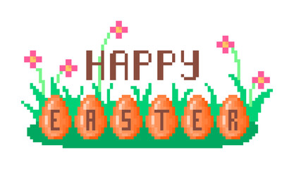 Happy Easter, pixel art banner with orange painted eggs lying on the grass of floral meadow isolated on white background. Old school vintage retro 8 bit spring Christian holiday card design.