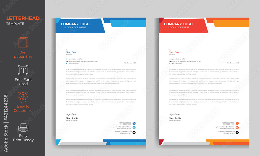 Wall mural modern abstract clean letterhead design template with 2 color variation a4 size print ready template