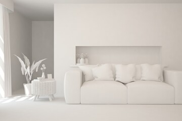 Mock up of stylish room in white color with sofa. Scandinavian interior design. 3D illustration