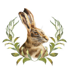 Easter bunny watercolor illustration. Greenery wreath on white background.