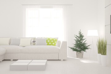 White living room with sofa. Scandinavian interior design. 3D illustration