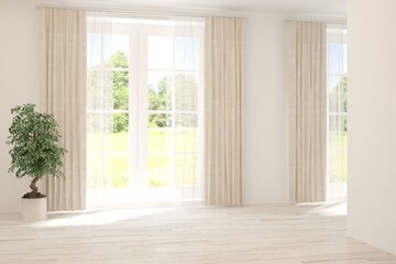 Obraz premium White empty room with summer landscape in window. Scandinavian interior design. 3D illustration