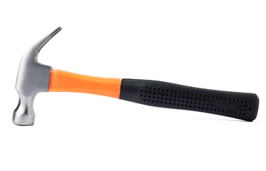 Close Up orange iron hammer with medium black rubber grip. It is a tool for nailing the roof. Isolated on white background. with clipping path.