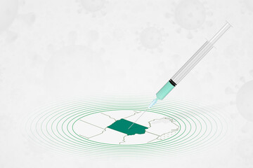 Iowa vaccination concept, vaccine injection in map of Iowa. Vaccine and vaccination against coronavirus, COVID-19.