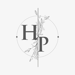 Letter HP Initial Logo with Hand Draw Floral, Initial Wedding Font Logo with Circle and Flowers.