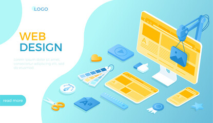 Web Design. Creating UI UX website design. Website landing page for monitor, laptop, tablet, phone. Web page for website and mobile site. Isometric vector illustration for website. - obrazy, fototapety, plakaty